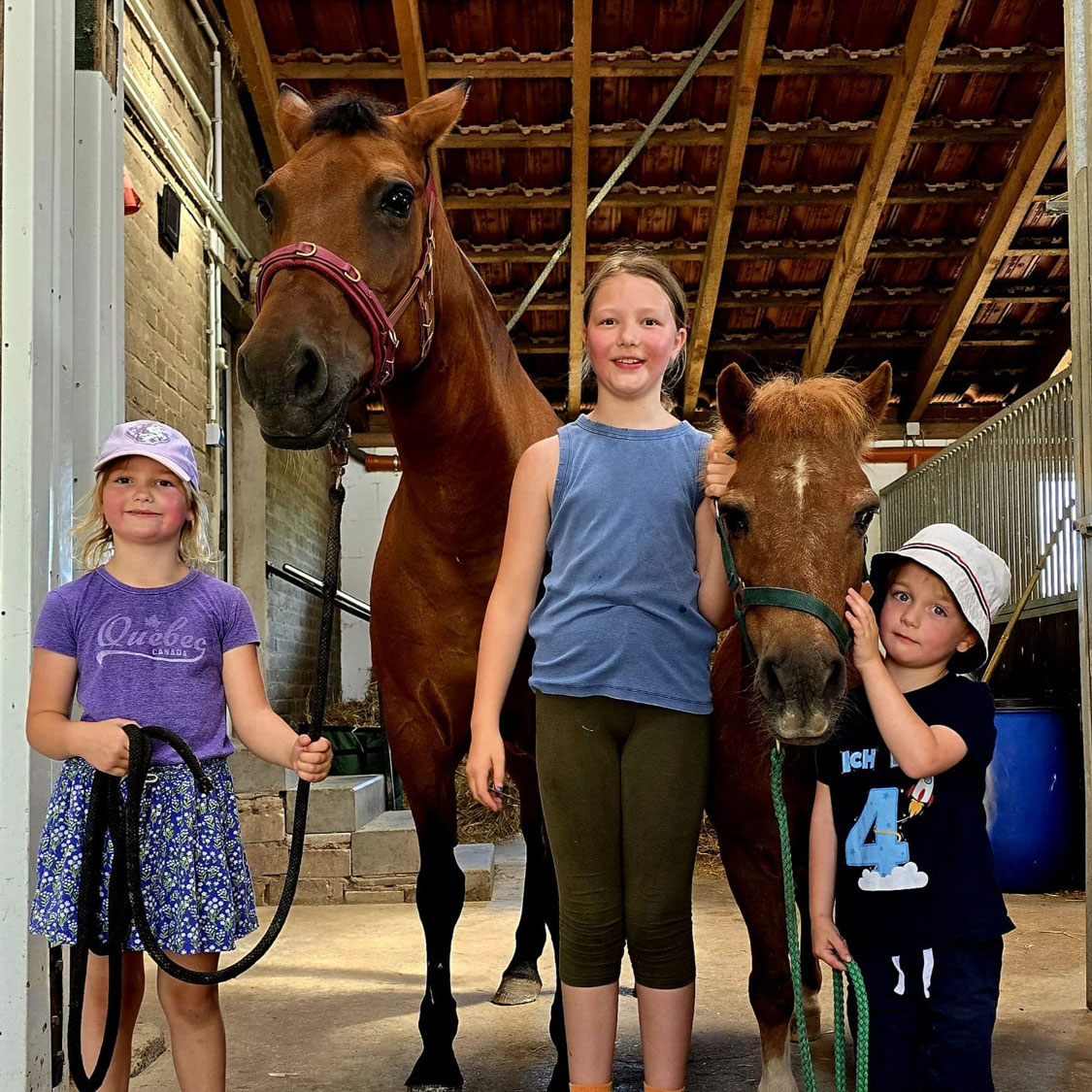 drei Kinder stehen mit Pferden vor einem Stall